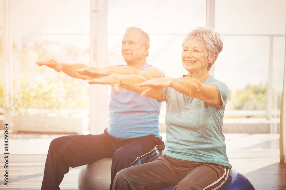 Happy senior couple performing exercise