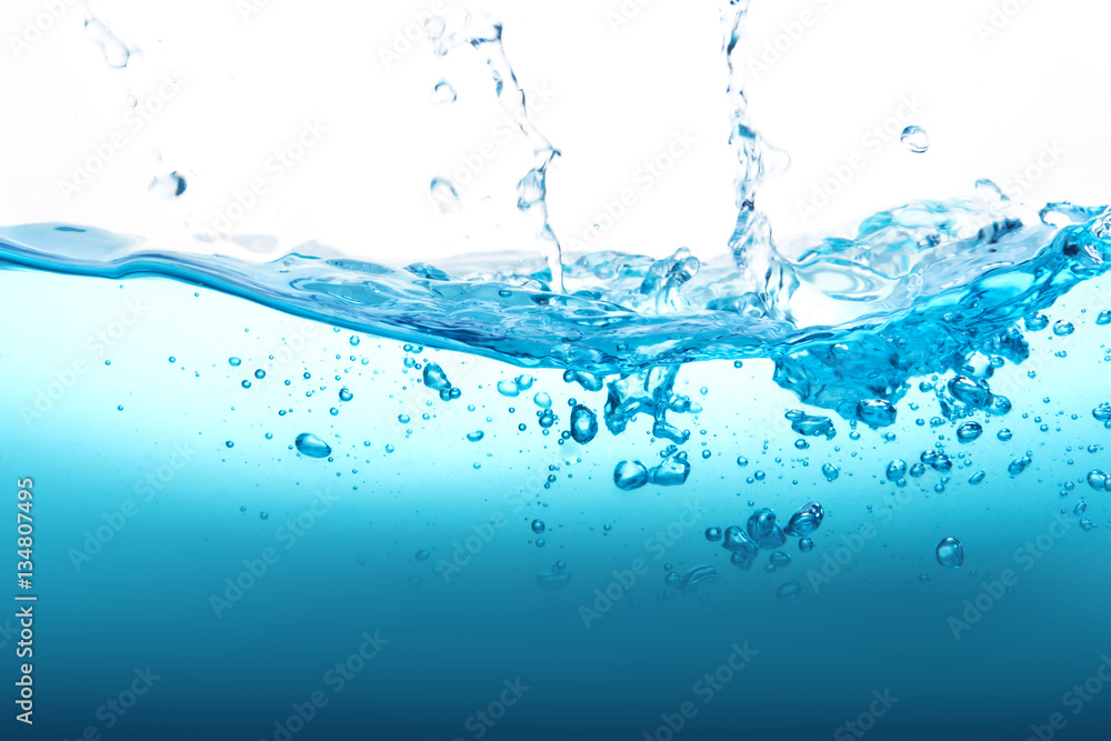 Close up blue Water splash with bubbles on white background