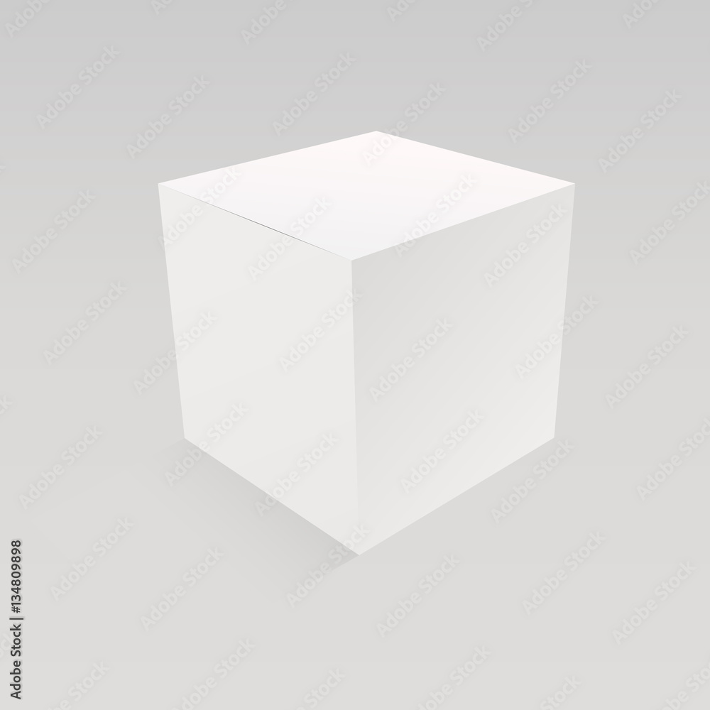 Blank white box on gray background. White cube with shadow. Closed white box. Mockup for design or b