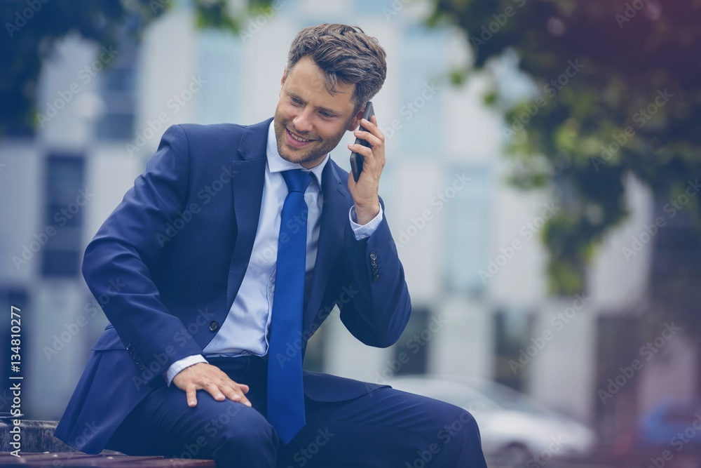 Happy businessman talking on mobile phone