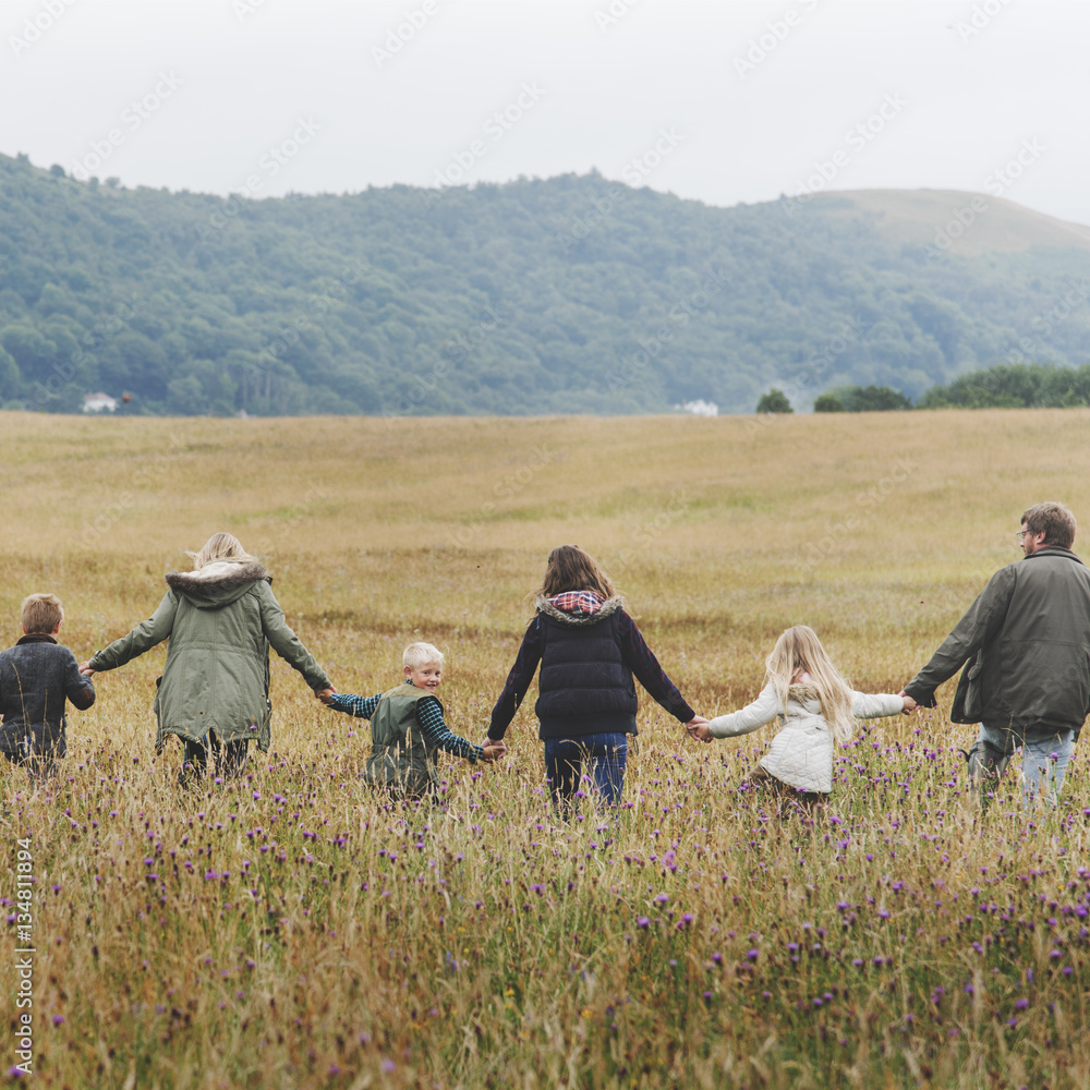 Family Walking Field Nature Togetherness Concept