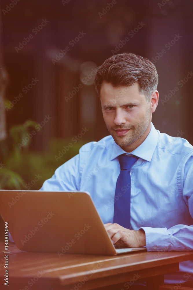 Portrait of handsome businessman using laptop