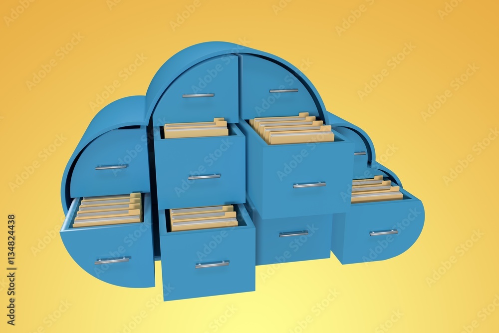 Composite image of blue drawers in cloud shape with folders 3d