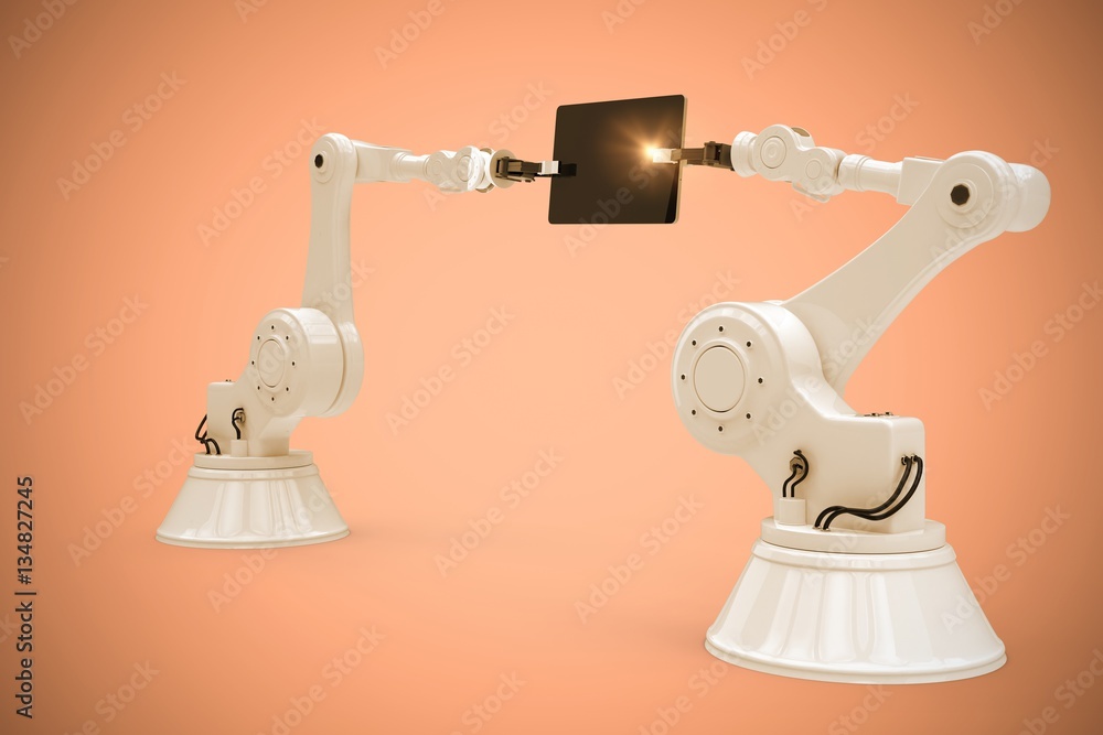 Composite image of composite image of robots holding computer ta