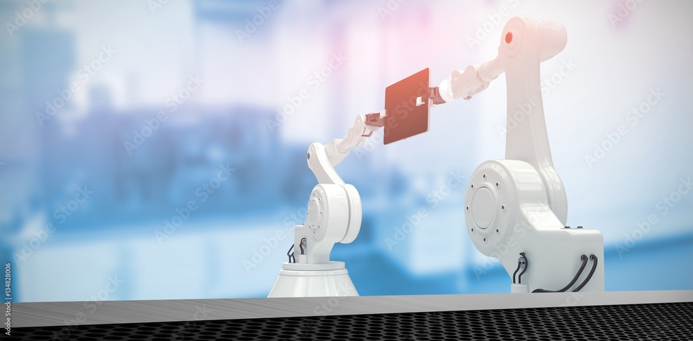 Composite image of graphic image of robots with computer tablet 