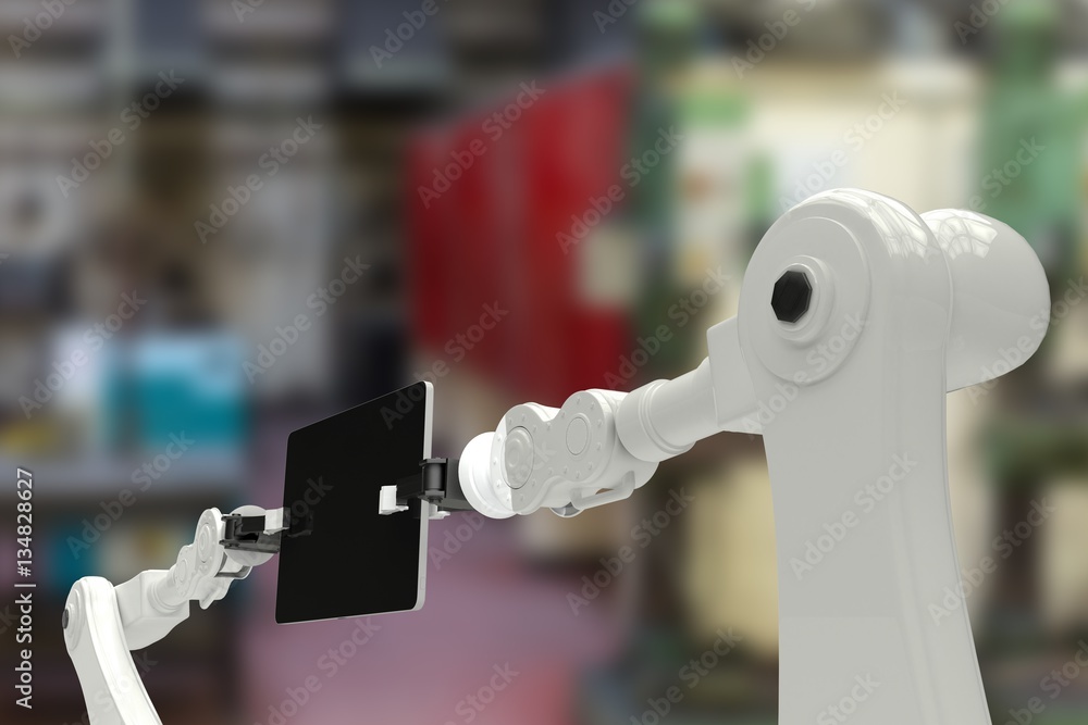 Composite image of robots holding digital tablet 3d