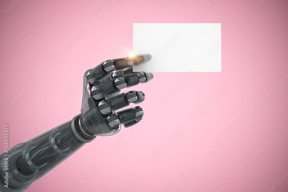 Composite image of digitally generated robotic arm holding blank