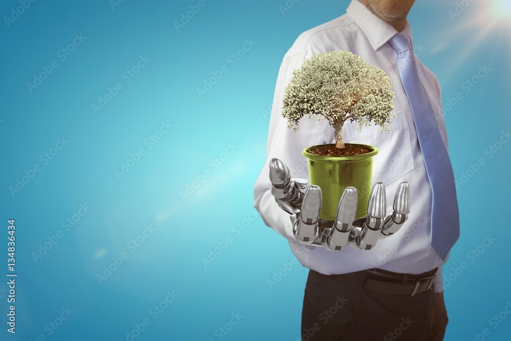 Composite image of potted tree over white background 3d