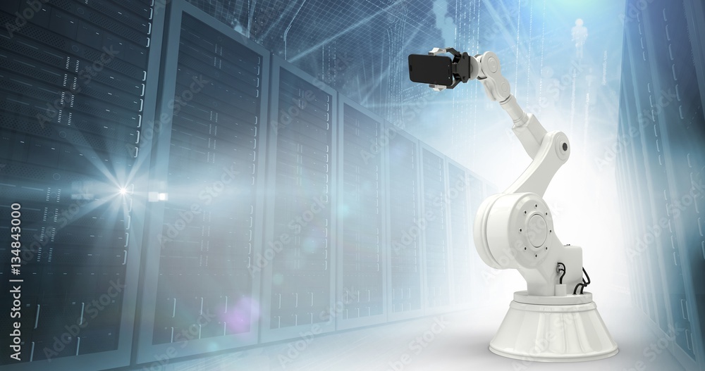 Composite image of graphic image of robot holding smart phone 3d