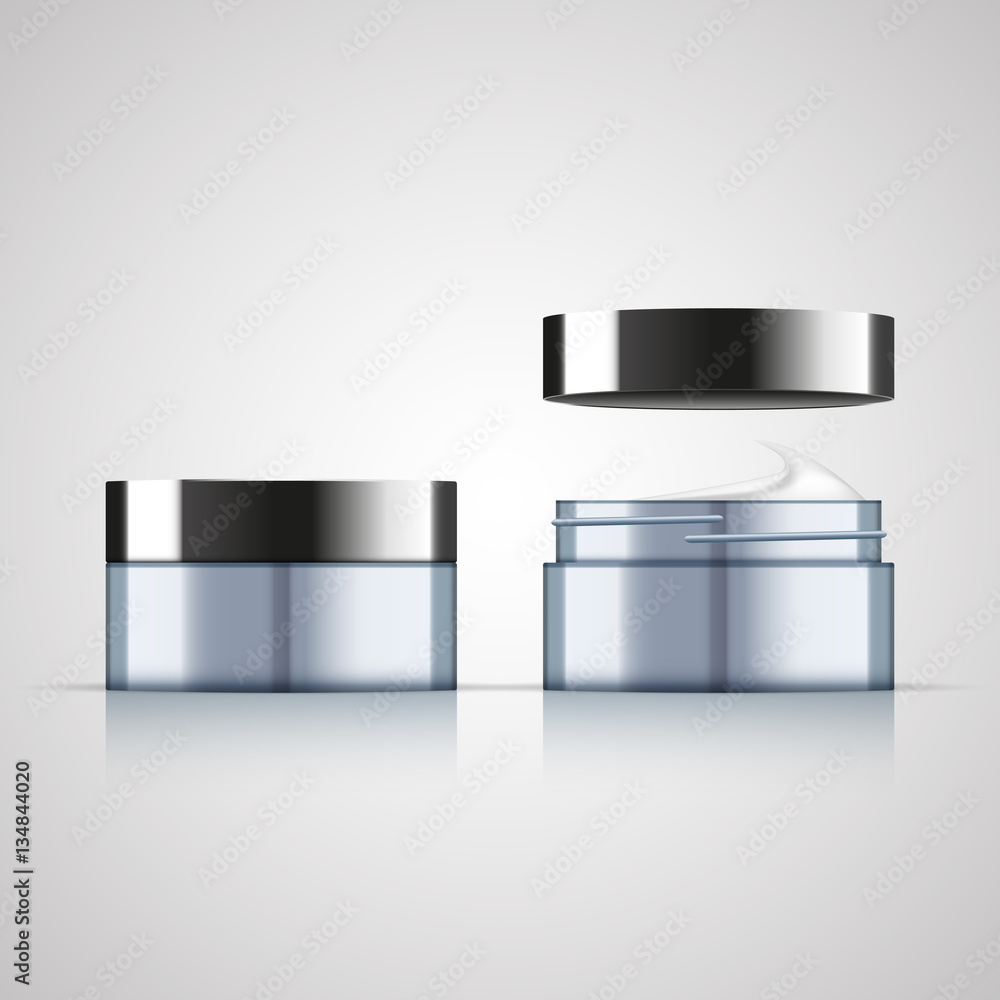 Set of open and closed cream jar, realistic design, vector illustration