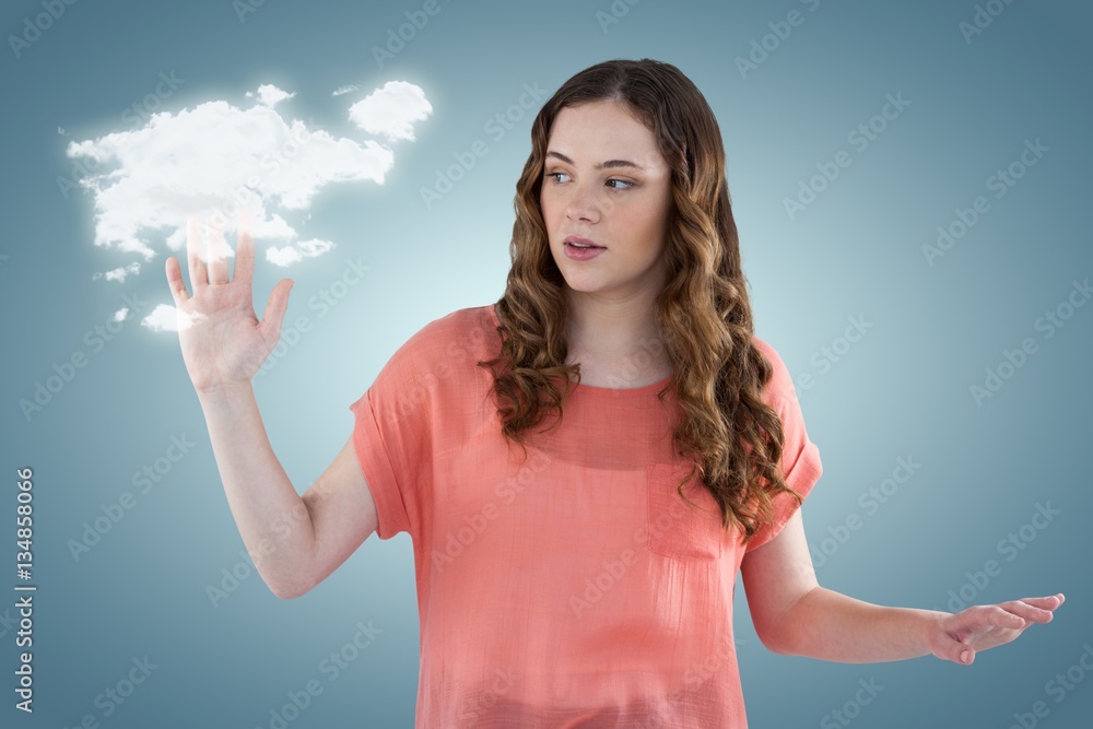 Composite image of beautiful young woman gesturing 3d