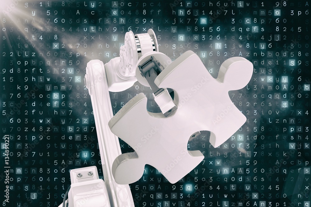 Vector image of modern machine holding jigsaw 3d