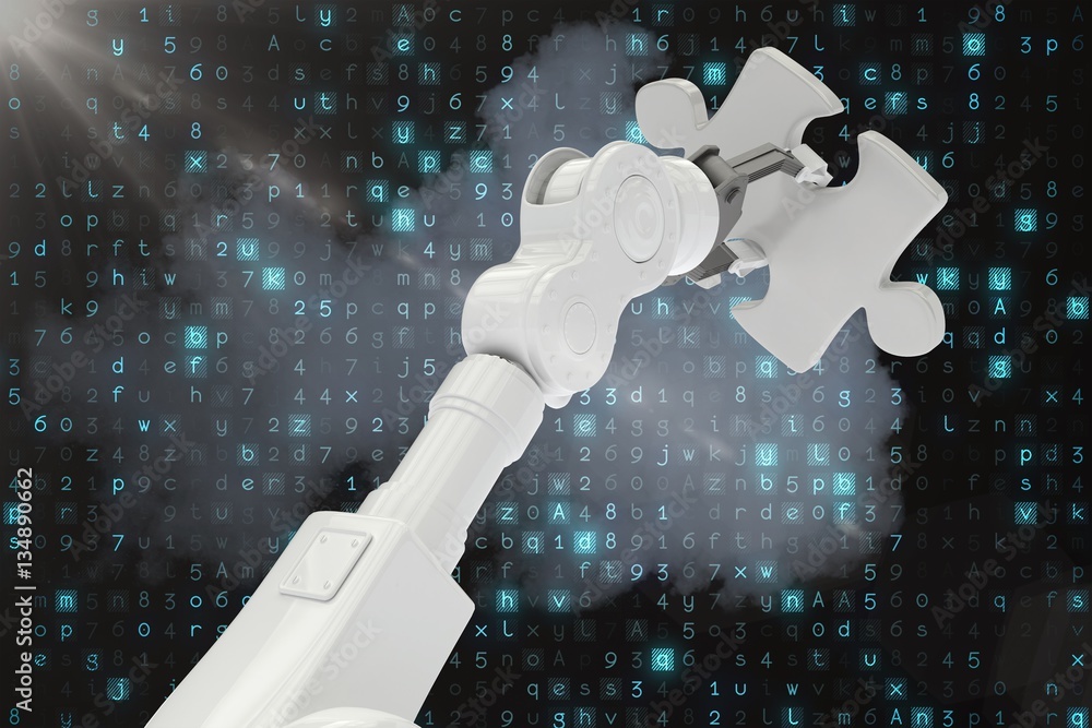 Digital composite image of robot holding jigsaw piece 3d