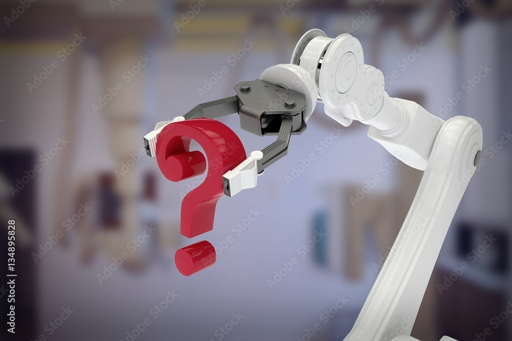 Composite image of image of robotic arm holding question mark 3d