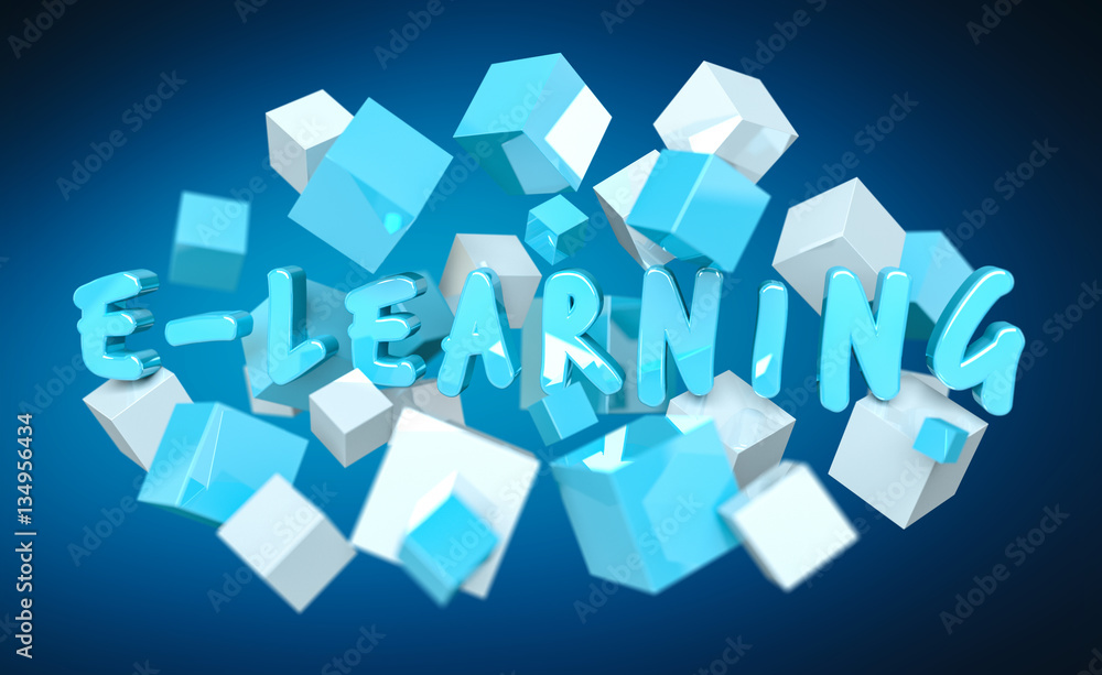 Floating 3D render e-learning presentation with cube