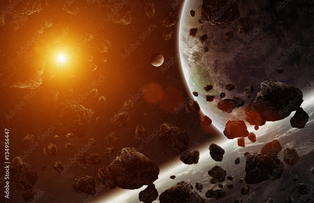 Distant planet system in space 3D rendering