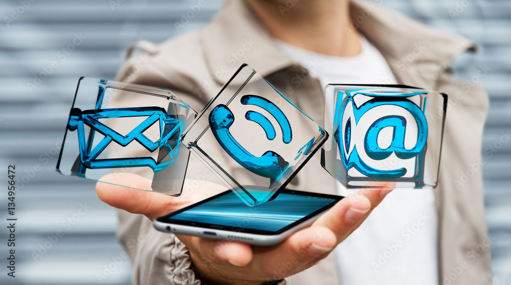 Businessman holding transparent cube contact icon over phone, 3D