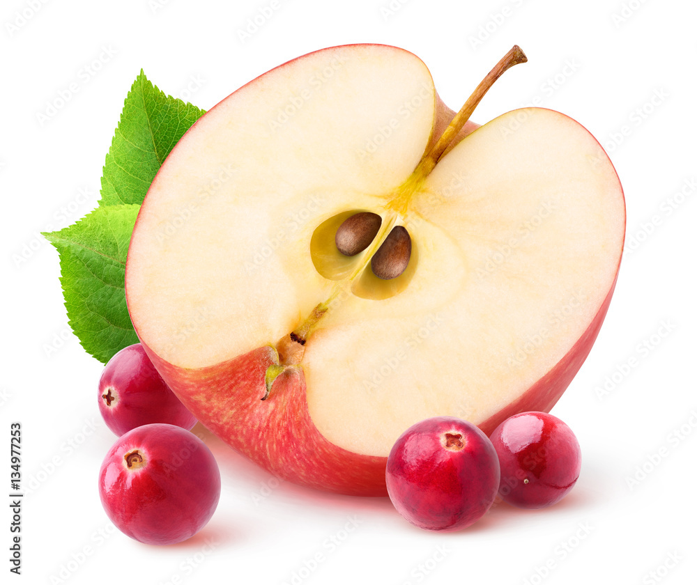 Isolated apple and cranberries. Half of red apple fruit and fresh cranberries isolated on white back