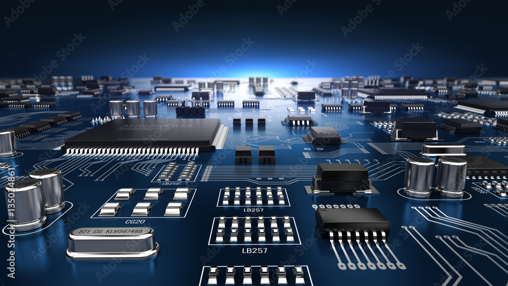 High tech electronic PCB (Printed circuit board) with processor and microchips. 3d illustration