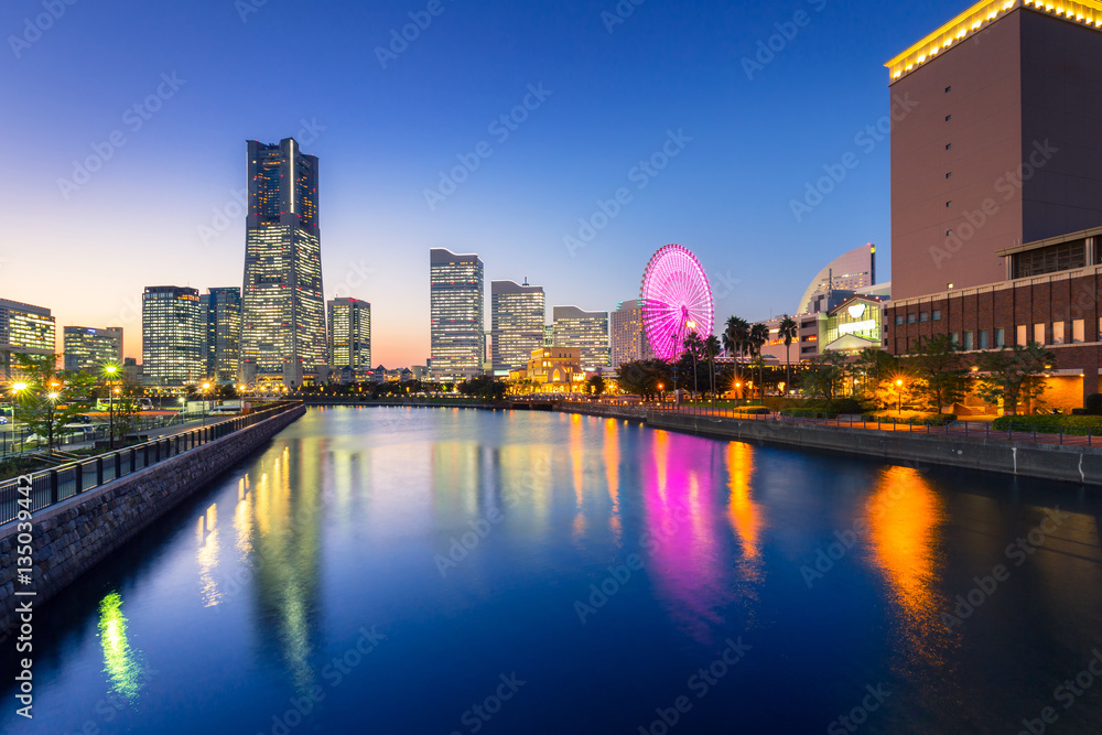 Cityscape of Yokohama city at night, Japan