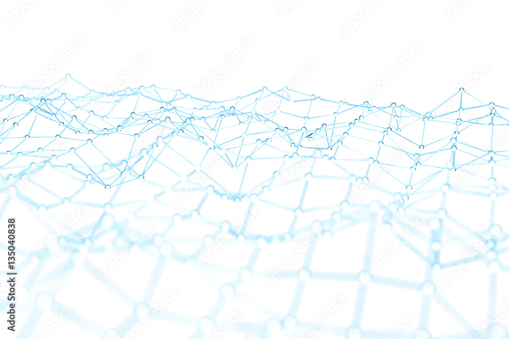 Floating white and blue dot network 3D rendering