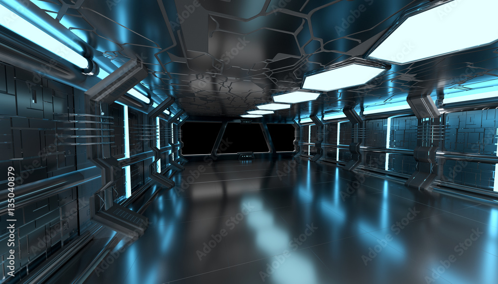 Spaceship blue interior with empty window 3D rendering elements