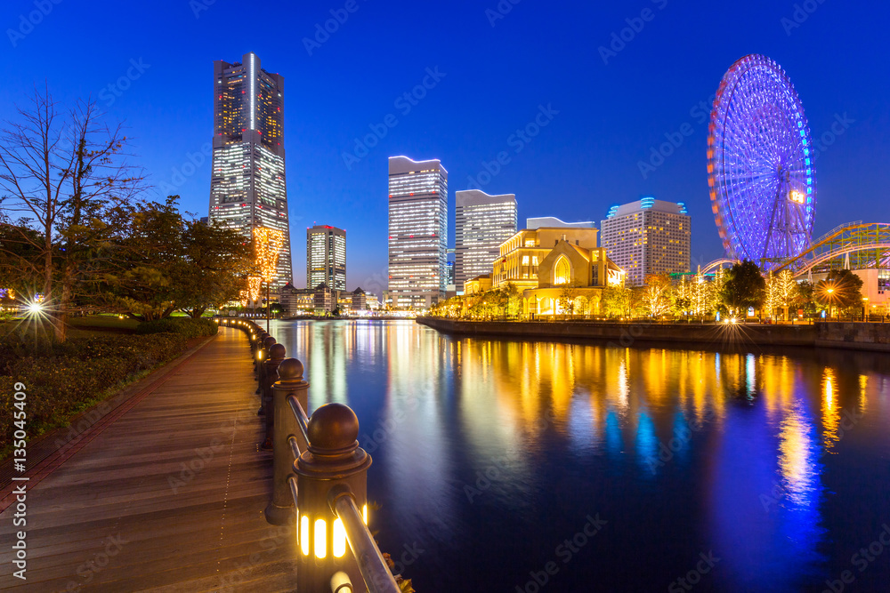 Cityscape of Yokohama city at night, Japan