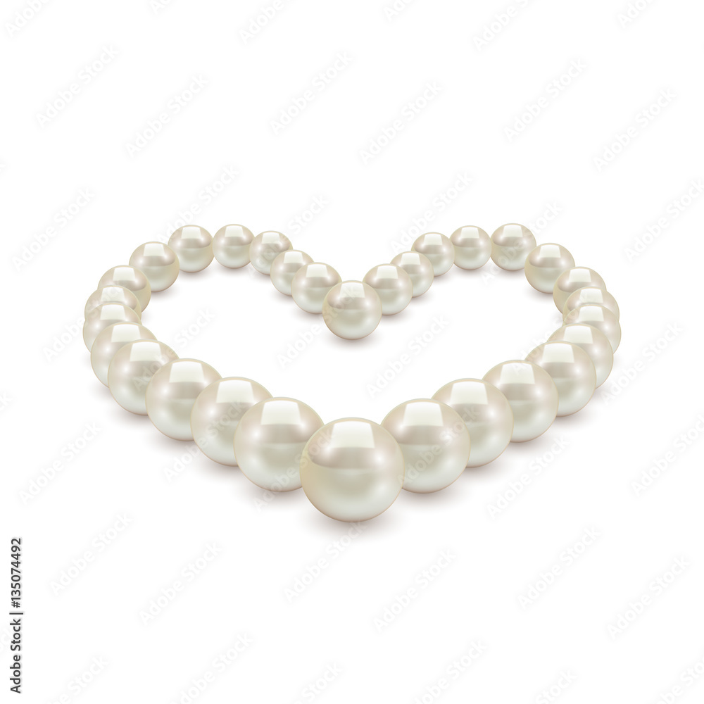 Shiny realistic Pearl necklace in the shape of heart on white background, vector illustration, isola