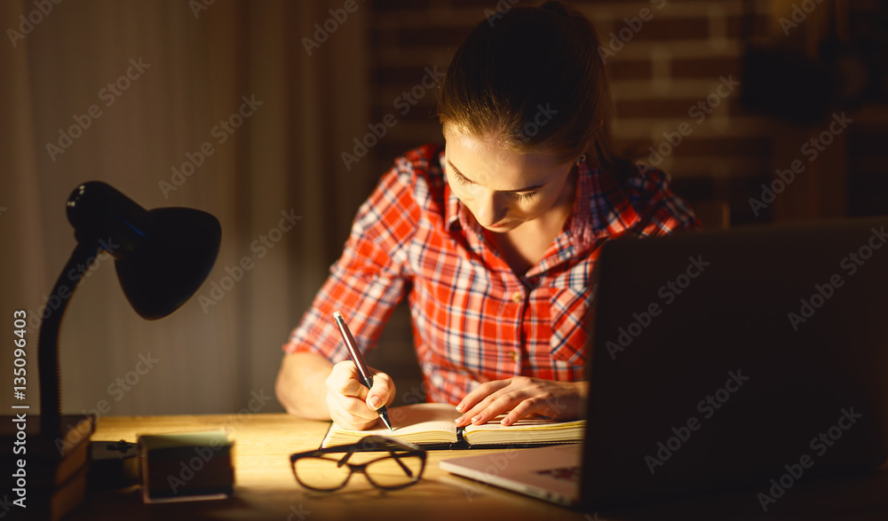 young woman student working on the computer at night