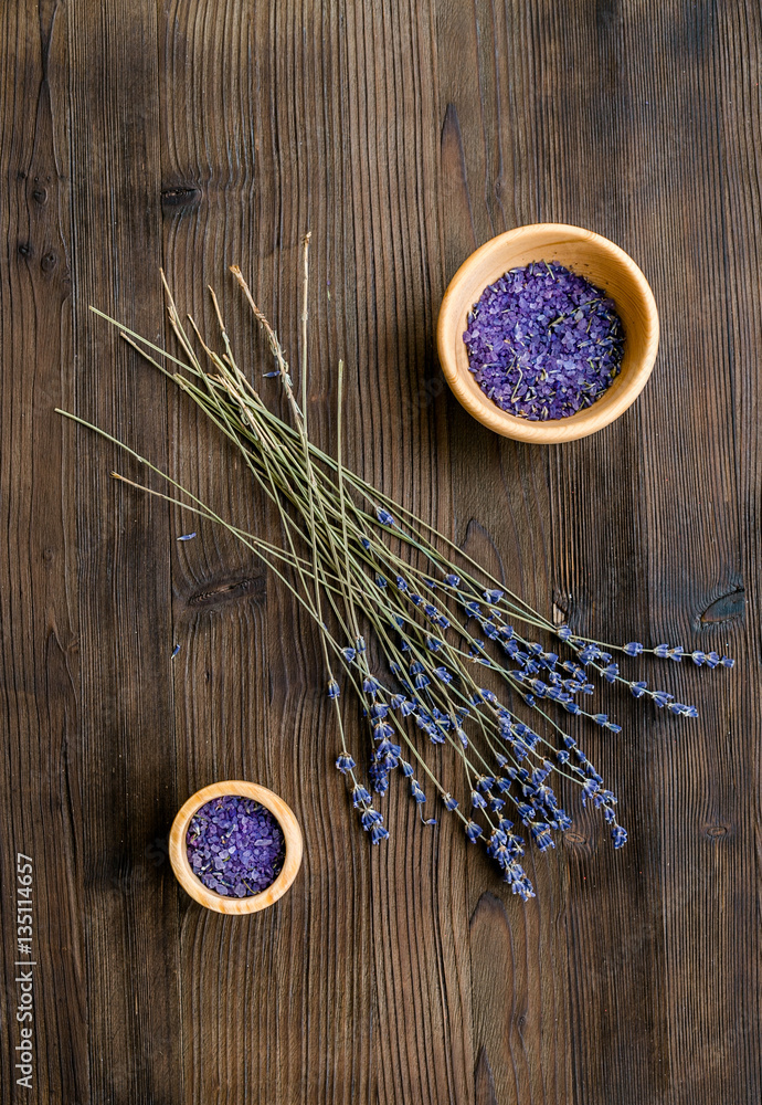 organic cosmetics with lavender on wooden background top view