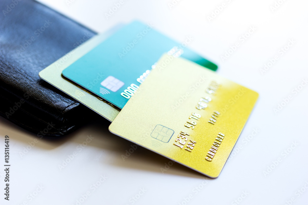 Credit cards with wallet close up - online shopping