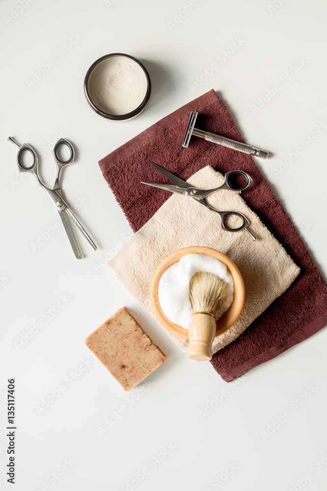 Mens hairdressing desktop with tools for shaving top view