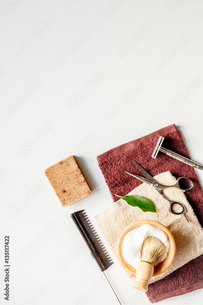 Mens hairdressing desktop with tools for shaving top view