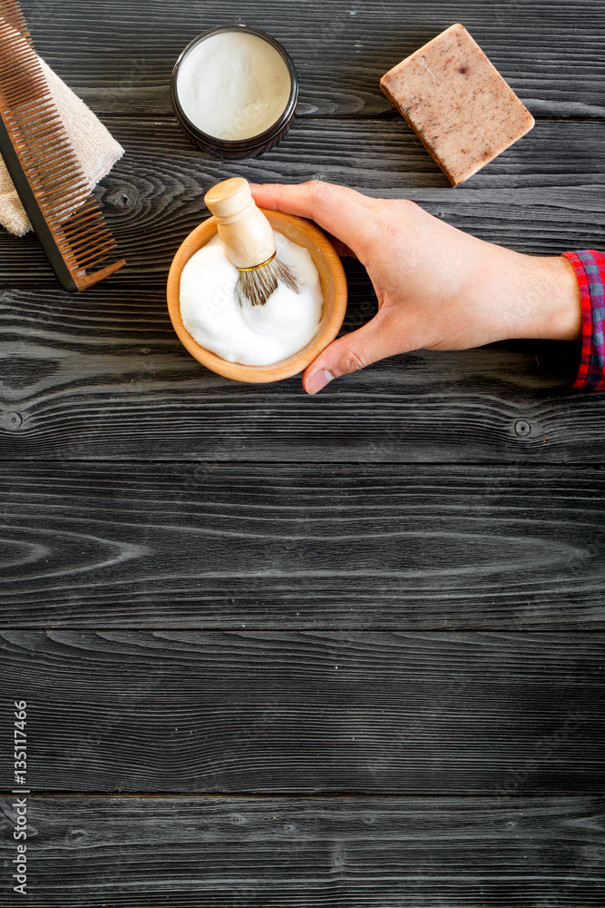 Tools for cutting beard barbershop top view on wooden background