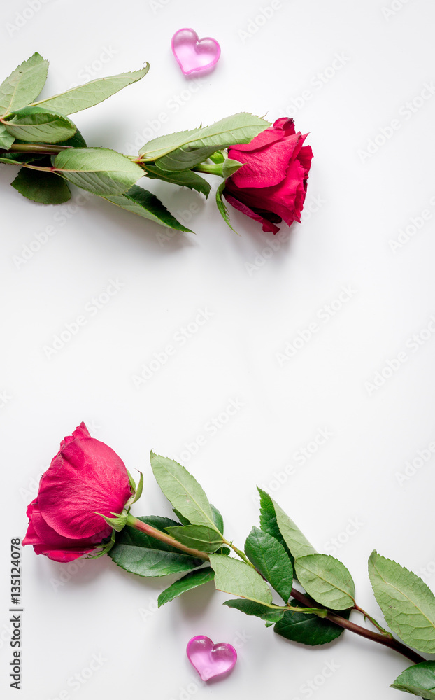 concept Valentines Day with flower white background top view