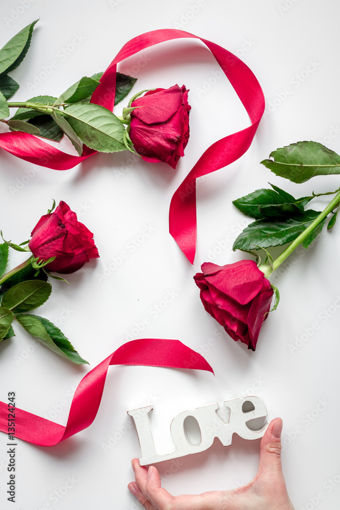 concept Valentines Day with flower white background top view