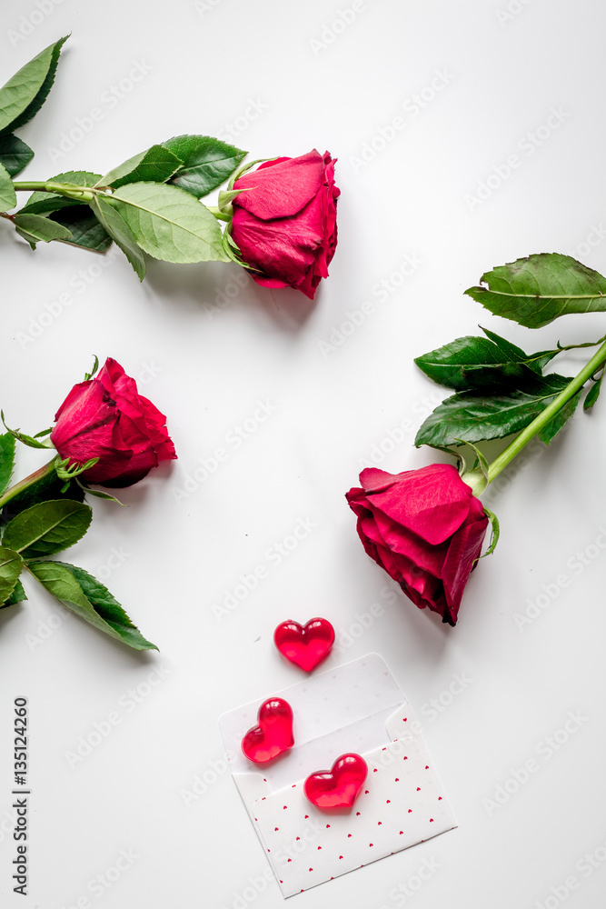 concept Valentines Day with flower white background top view