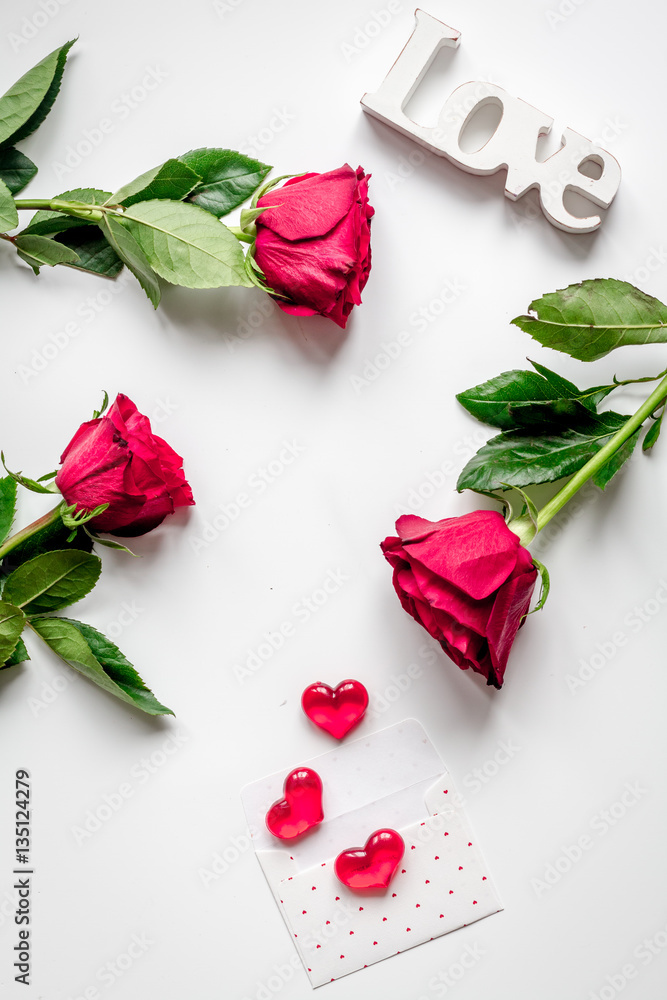 concept Valentines Day with flower white background top view