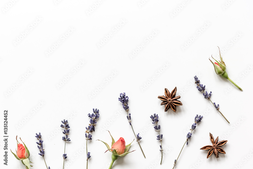 pattern of flowers on white background top view mock up