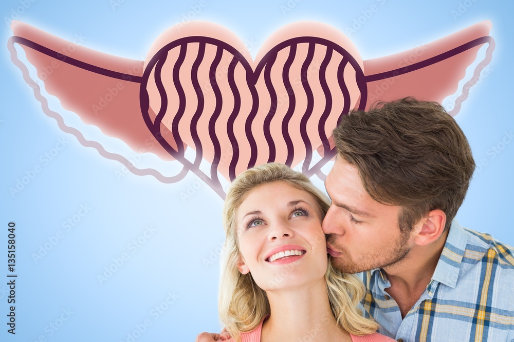 Composite image of handsome man kissing girlfriend on cheek