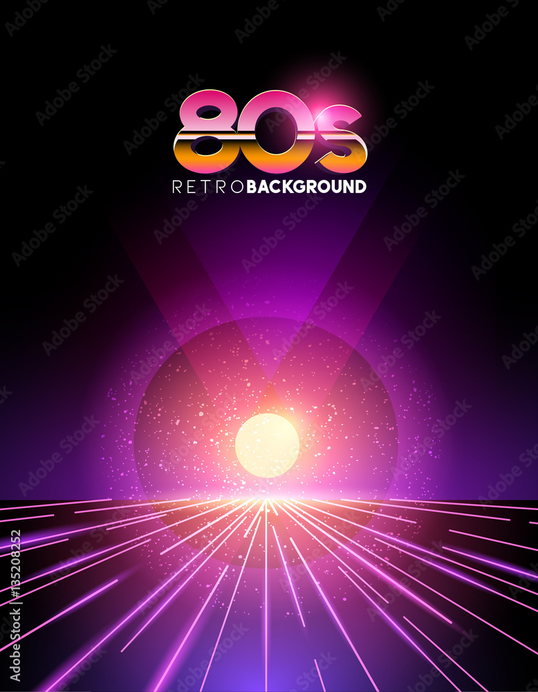 retro1980s style neon digital abstract background with laser beams and a sunset.