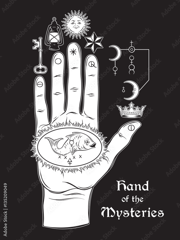 The hand of the Mysteries. The alchemical symbol of apotheosis, the transformation of man into god. 