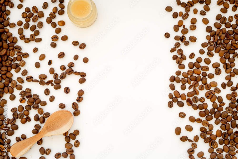 coffee beans on white table top view mock up