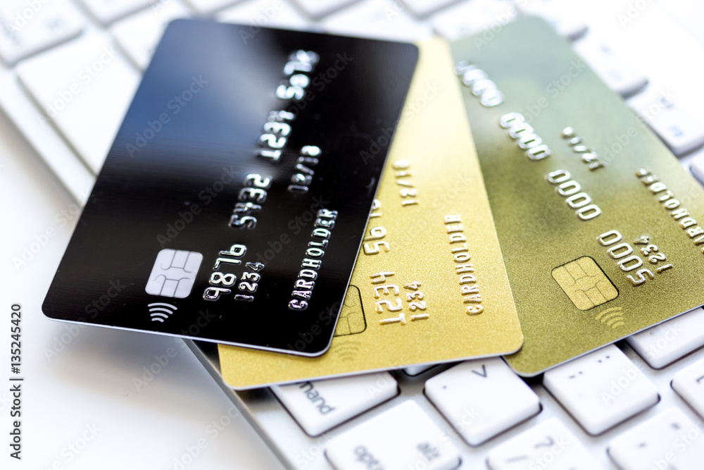 Credit cards on the keyboard close up