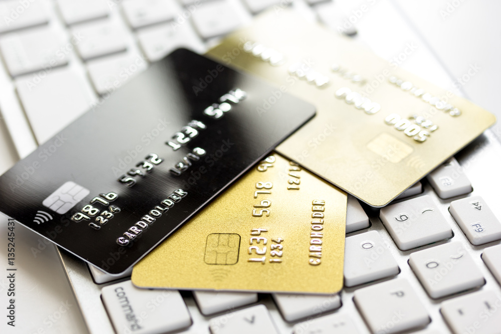 Credit cards on the keyboard close up