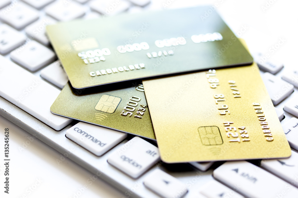 Credit cards on the keyboard close up