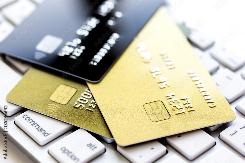 Credit cards on the keyboard close up