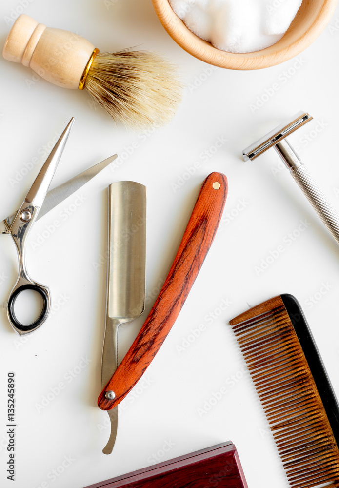 Mens hairdressing desktop with tools for shaving top view