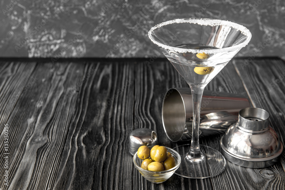 martini cocktail at wooden background close up