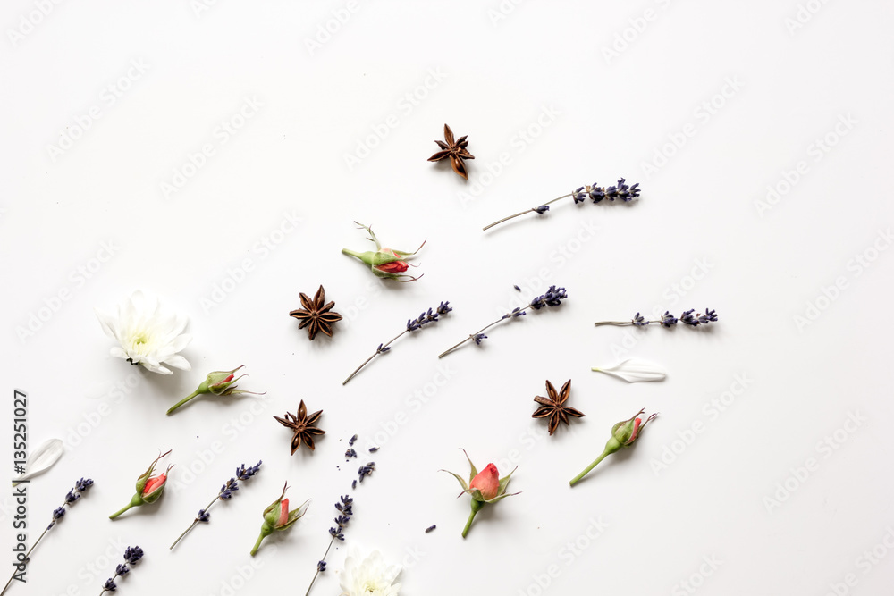 pattern of flowers on white background top view mock up